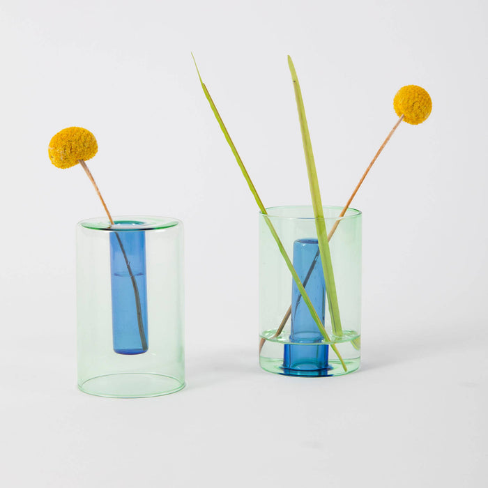 Block Design - Reversible Glass Vase - Small: Blue/Yellow