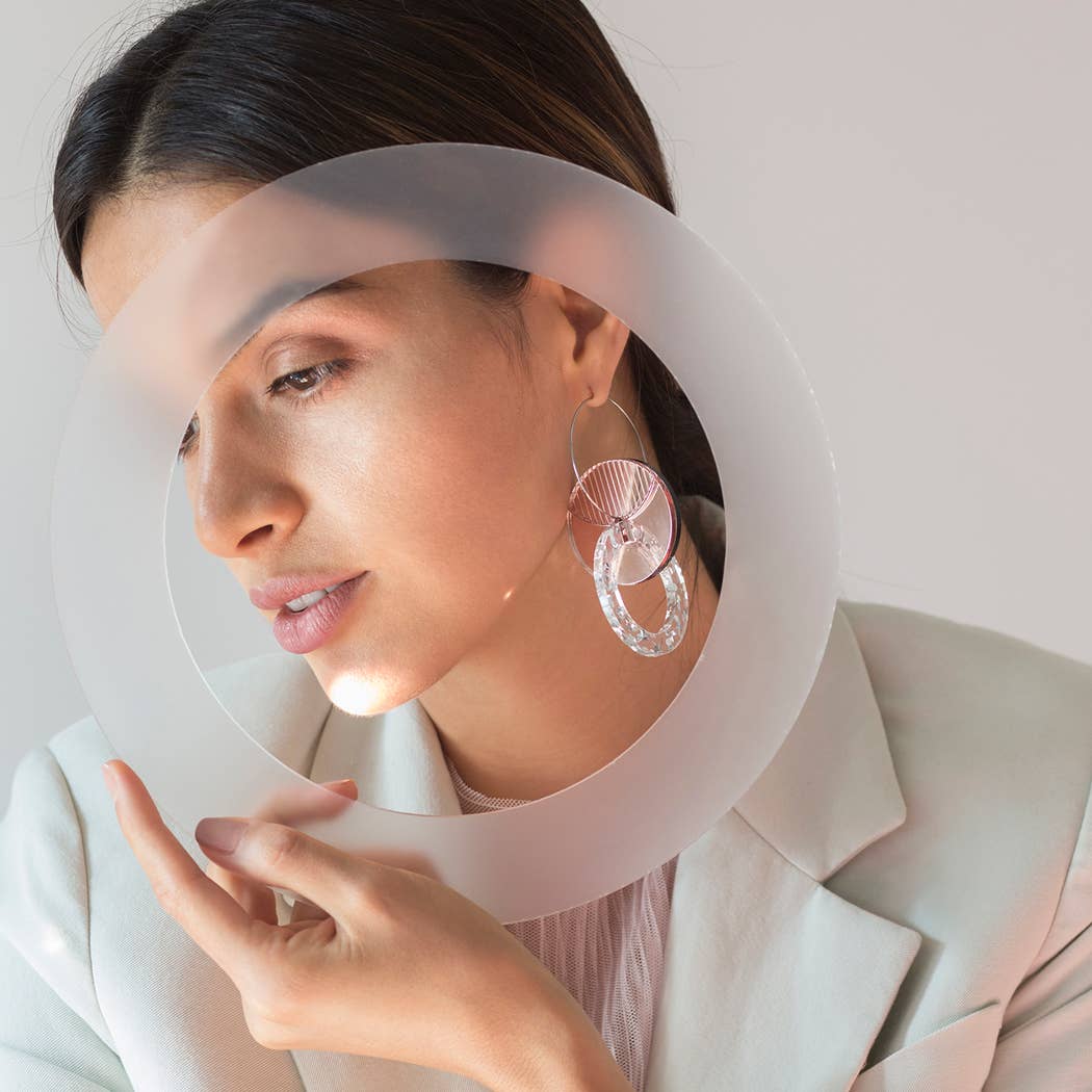 Primario Earrings - Reversible: Gold Mirror and Beige, translucent Olive - PMA Store at the Portland Museum of Art, Maine