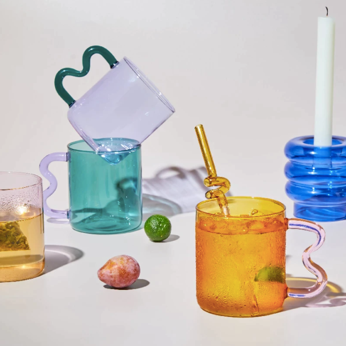 IVORE.GROUP (We cover All Import duty) - Colorful Ear Glass Mug: Amber with Pink Handle - PMA Store at the Portland Museum of Art, Maine