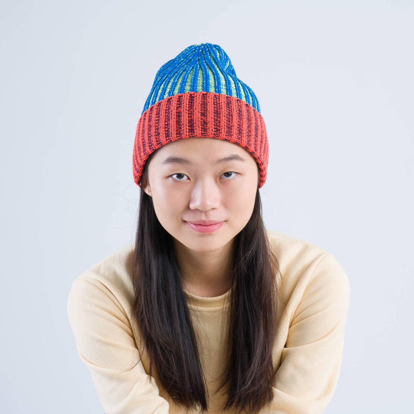 Big Stripe Beanie: Lime Cobalt - PMA Store at the Portland Museum of Art, Maine
