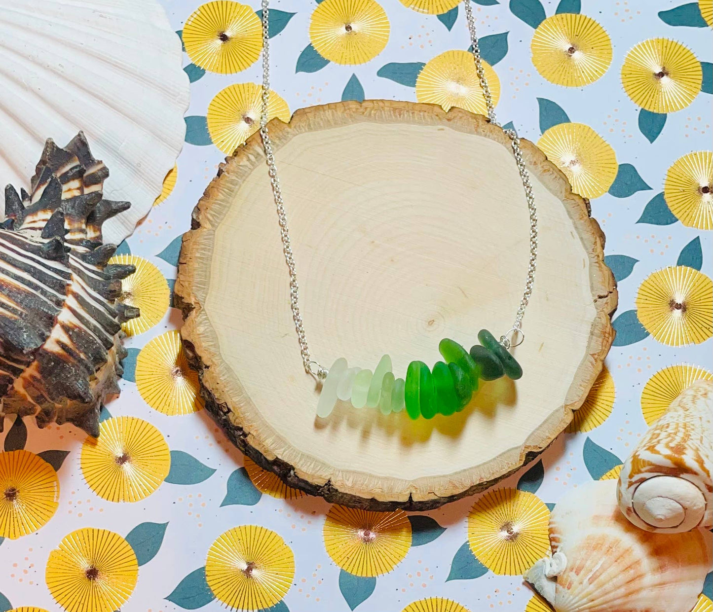 Cyn Elizabeth Studios - The Sea Bar- Sea Glass Statement Necklace: Carded on white cardstock - PMA Store at the Portland Museum of Art, Maine