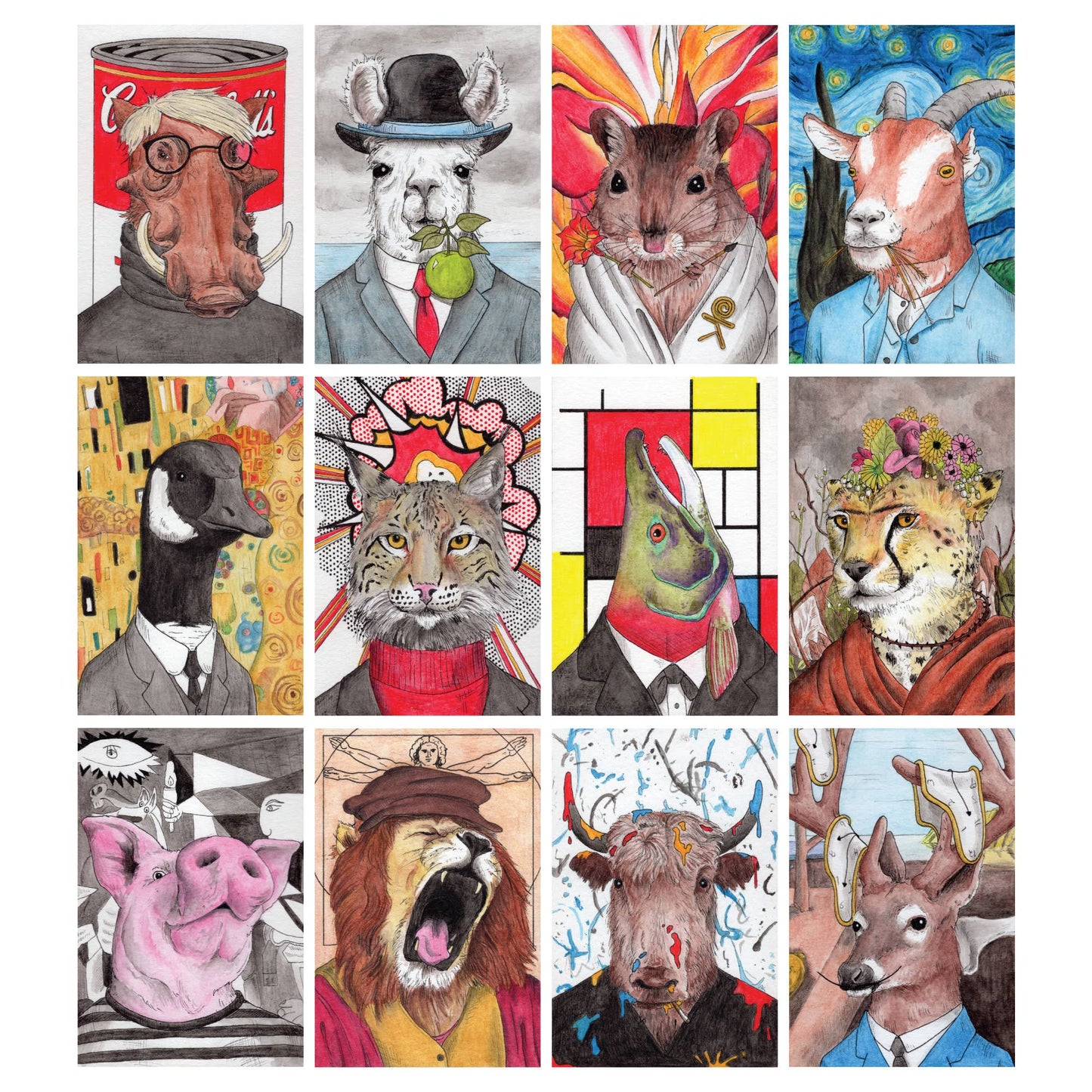 Ah Ha Brands - Zooseum Punny Animal Artist Postcard 12-Pack