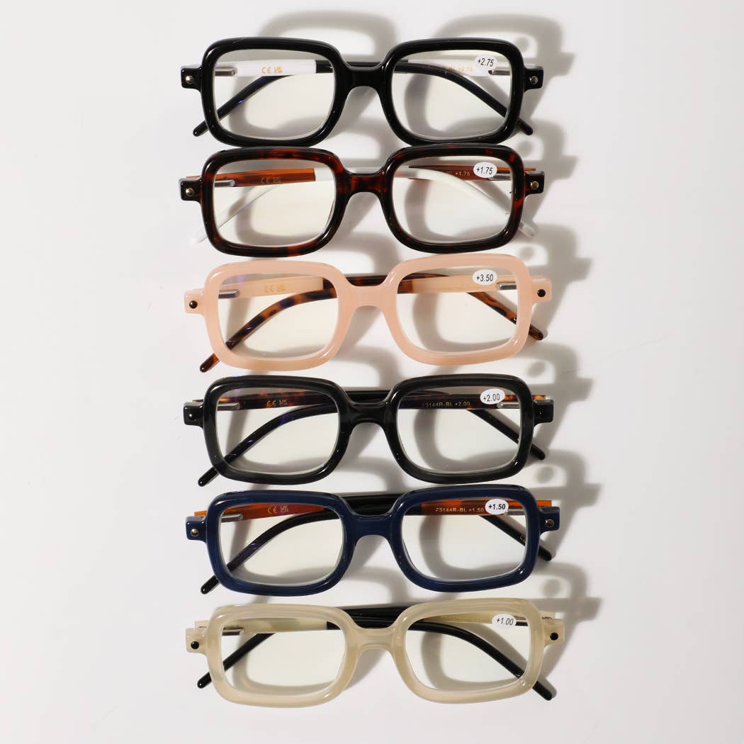 Fashion City - Rectangle Frame Blue Light Reading Glasses: 12 ASSORTED COLOR / ONE SIZE