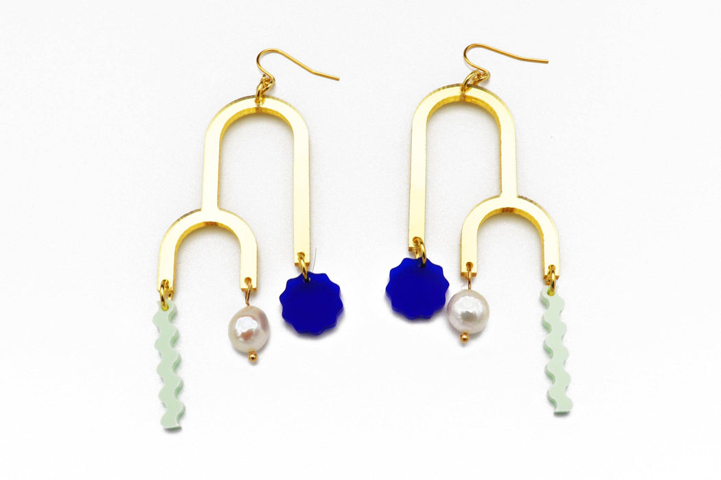 Double Arch Earrings - Gold: Mint-Cobalt