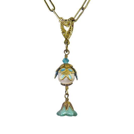 Fairyland: Pearl & Flower Crystal Hand Painted Necklace: Gold and Turquoise - PMA Store at the Portland Museum of Art, Maine